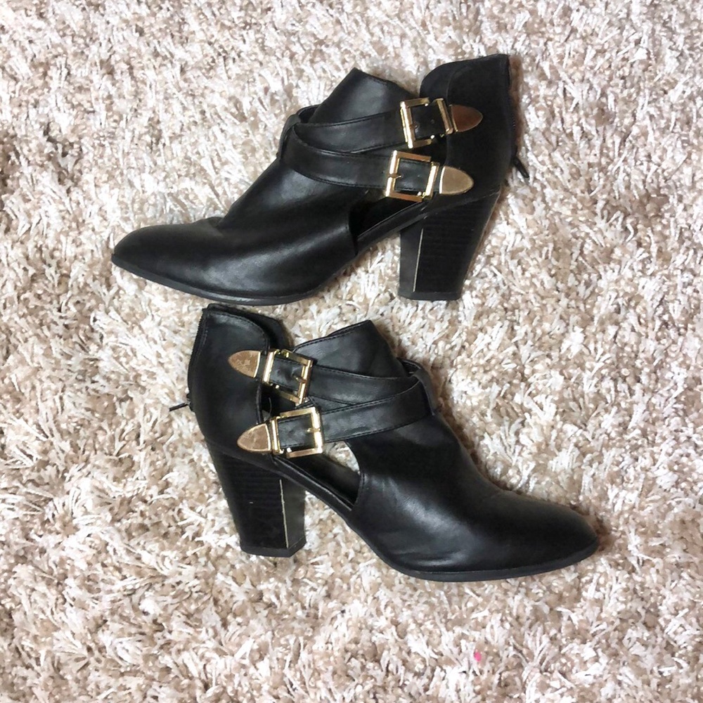 BAMBOO Black Booties with Gold Buckles